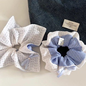 Chouchou Coréen Balletcore en Dentelle Vichy avec Nœud et Fausse Künstliche Perle Fleur Pastoral Doux Accessoires Cheveux Femme