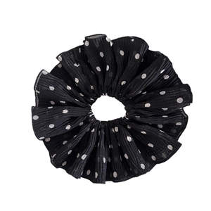 Elegant oversized polka dot scrunchie with double-layered pleated fabric in black and white