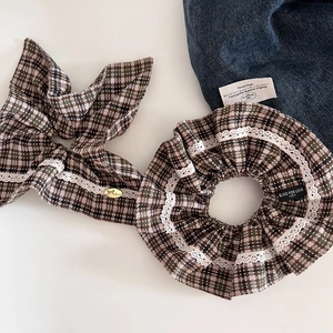Plaid checkered hair scrunchies set with white lace trim and bow knot detail