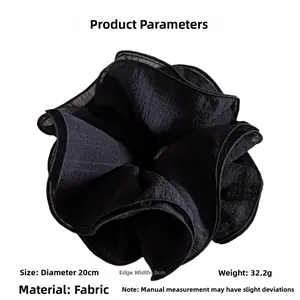 Detailed dimensions of large black pleated fabric scrunchie with 20cm diameter size