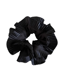 Elegant black pleated satin scrunchie with double-layered ruffled design for women