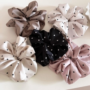 Five-pack of floral satin hair scrunchies in champagne, pink, and neutral tones