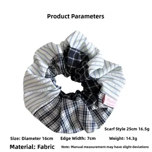 Detail of blue striped and plaid scrunchie showing 16cm diameter and 14.3g weight