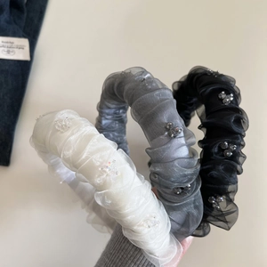 Serre-Tête Plissé en Organza pour Femmes avec Strass Élégant Bandeau Large Antidérapant Accessoires de Cheveux pour Femmes