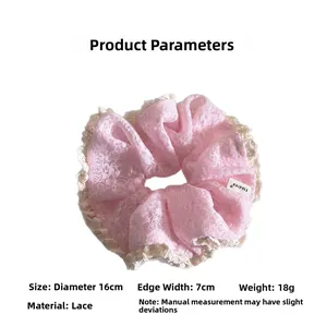 Pink lace hair scrunchie with cream trim showing detailed 16cm diameter dimensions