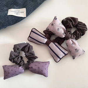 Chouchou à Nœud Floral et Rayé Style Coréen Rétro Élastique en Tissu Attache Cheveux Porte-Queue de Cheval pour Femme Fille Accessoires Cheveux