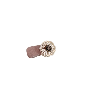 Elegant pearl beaded flower hair clip with center crystal and velvet duckbill base