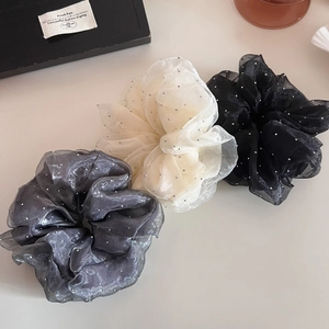 Chouchou en Maille Double Couche Style Français avec Strass et Pois pour Femmes Mode Élégant Grand Anneau de Cheveux Accessoires Cheveux