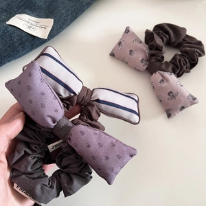 Lot de chouchous vintage à fleurs et rayures avec nœud pour femme en marron et bleu