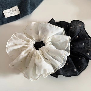 Set of two large chiffon scrunchies in black and white with gold polka dots and stripe texture