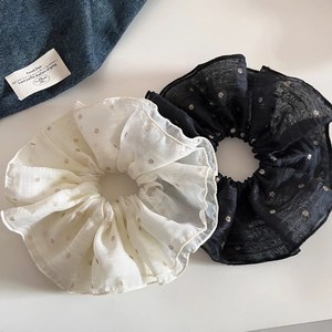 Elegant oversized polka dot organza hair scrunchies in cream white and classic black set