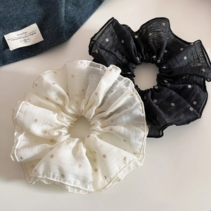 Oversized sheer mesh hair scrunchies with gold polka dots in beige and black colors
