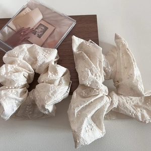 French Style Beige Floral Embroidered Lace Hair Scrunchies Elegant Sweet Ribbon Hair Ties For Women Daily Hair Accessories