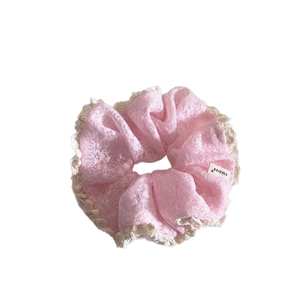 Pink lace scrunchie with cream floral trim and FMdrea label in Korean sweet style
