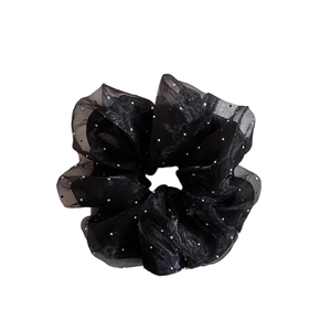 Chouchou élégant en maille noire double couche avec strass scintillants et motifs à pois