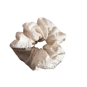 Elegant beige scrunchie with heavy floral embroidery and lace details for women