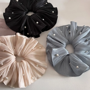 Chouchous Plissés Élégants de Style Français avec Künstliche Perles Artificielles Élastiques à Cheveux Aspect Satin pour Femmes Quotidien