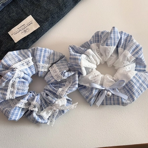 Blue Plaid Bow Hair Scrunchie Sweet Korean Style Lace Trim Gingham Elastic Hair Tie With Faux Artificial Pearl For Women Girls Accessories