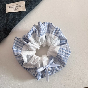 Blue plaid scrunchie with white lace edges and a pearl bow decoration for ponytail