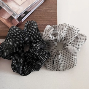 Set of two French vintage polka dot mesh scrunchies in black and beige chiffon fabric