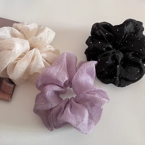 Elegant organza scrunchies set with silver sparkles in cream, purple and black colors