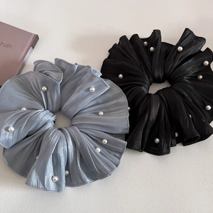 Lot de chouchous plissés scintillants style français avec perles blanches en noir et gris