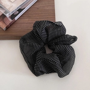 French vintage black mesh scrunchie with white polka dots for elegant hair styling