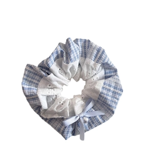 Blue plaid scrunchie with white lace embroidery, bow, and imitation pearl detail