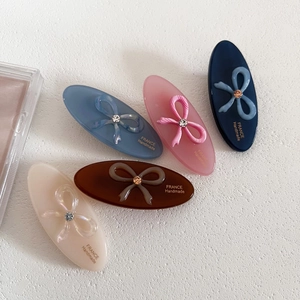 Sweet Acetate Oval Hair Clip With Rhinestone Bow Design Handmade Duckbill Side Clip Elegant Hair Accessories For Women Girls