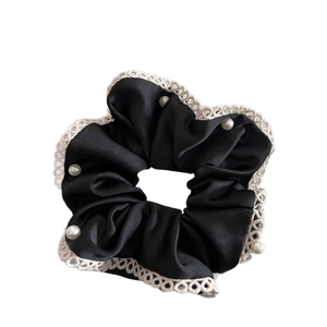 Elegant black satin scrunchie with delicate white lace trim and pearls for women