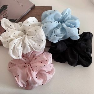 Chiffon dot scrunchie set in white, blue, pink, and black colors for elegant hairstyles