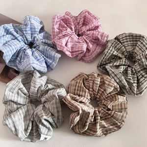 5-piece set of large plaid scrunchies with white lace edges and stylish bow tags