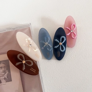 Elegant oval acetate hair clips with rhinestone bow and France Handmade gold lettering