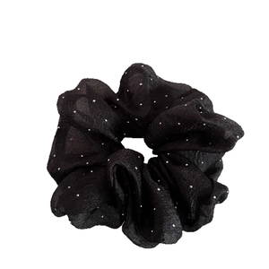 Fluffy black seersucker scrunchie with sparkling silver rhinestones for elegant hair styling