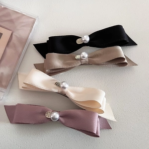 Elegant satin bow hair clips with faux pearls and metal charms in four assorted colors