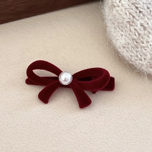 Elegant red velvet bow hair clip with pearl accent for women accessories in autumn winter