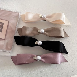 Elegant Double Layer Satin Bow Hair Clip With Faux Artificial Pearl Metal Tag French Style Spring Clip Ponytail Accessory For Women