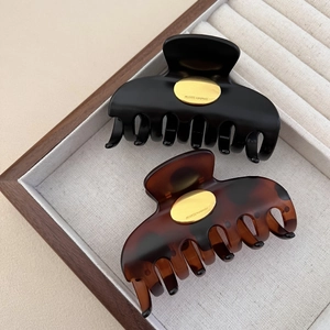 Tortoiseshell and black matte hair claw set with gold France Handmade logo tag