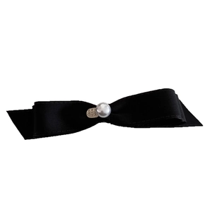 Exquisite double-layer black satin bow hair clip with white pearl and heart metal charm