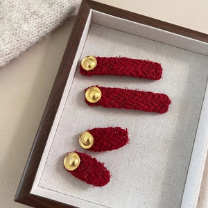Vintage red tweed oval hair clips set with gold metal buttons for women