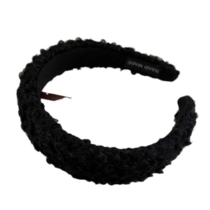 Wide plush teddy fleece headband in black with handmade label for women's hair styling
