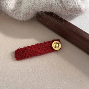 Retro red tweed hair clip with gold metal button detail for autumn and winter style