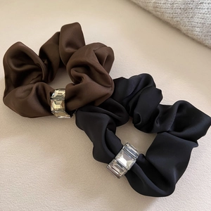 Elegant satin scrunchie set in black and brown with luxury rectangular crystal accents