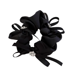 Chouchou élégant en satin noir avec strass brillants et ruban pour coiffure chic