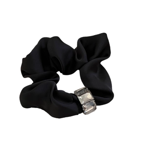 Elegant black satin hair scrunchie with sparkling crystal accents for women