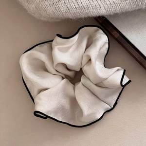 Elegant large cream satin scrunchie with black contrast edge trim for women hair