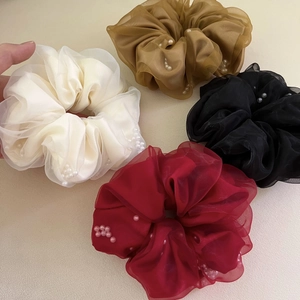 Chouchou En Organza Élégant Avec Fausses Künstliche Perles Double Couche Maille Plissé Attache Cheveux Queue De Cheval Pour Femmes Accessoires Cheveux