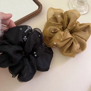 Ensemble élégant de chouchous en organza noir et champagne avec perles pour coiffure femme