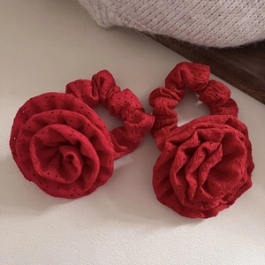 Red 3D rose fabric hair scrunchies with hollow embroidery for French style hairstyles