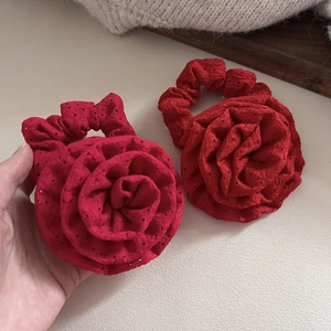 Elegant set of red rose hair scrunchies with floral embroidery and textured hollow fabric